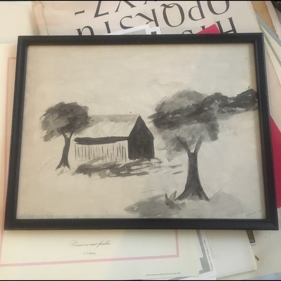 Vintage Black White Watercolor Framed Barn Tree